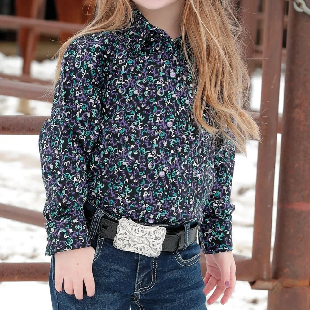 Cruel Girl Black and Purple Print Snap Long Sleeve Western Shirt